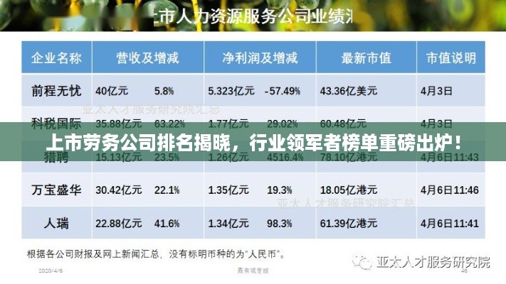 上市劳务公司排名揭晓，行业领军者榜单重磅出炉！
